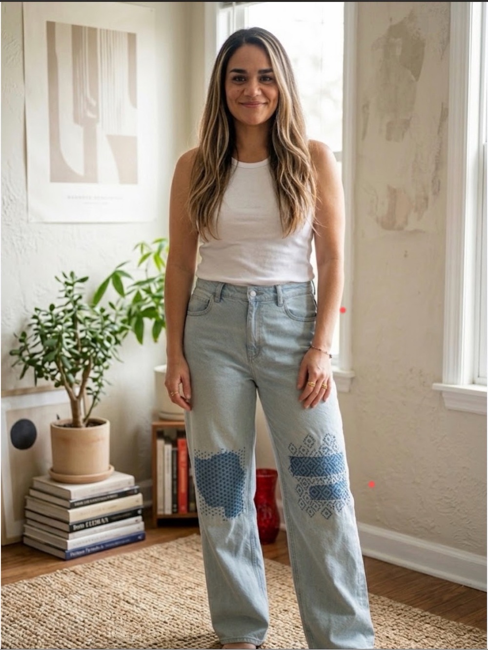 We The Free Light Blue Patchwork HAND EMBROIDERED Sashiko wide Leg Jeans